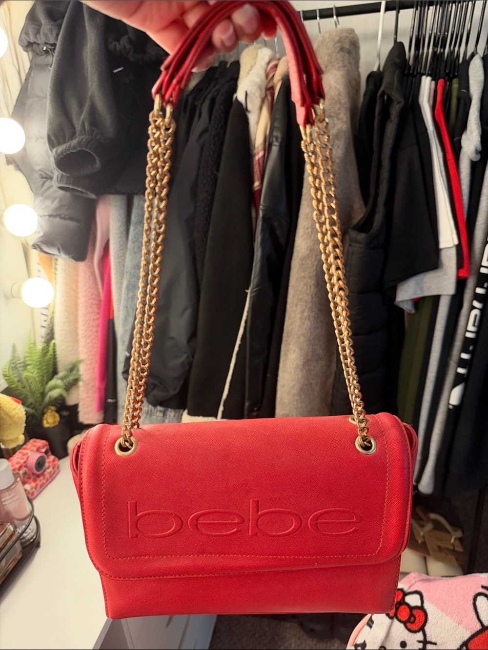 bebe Red Gold-Chain Shoulder Bag